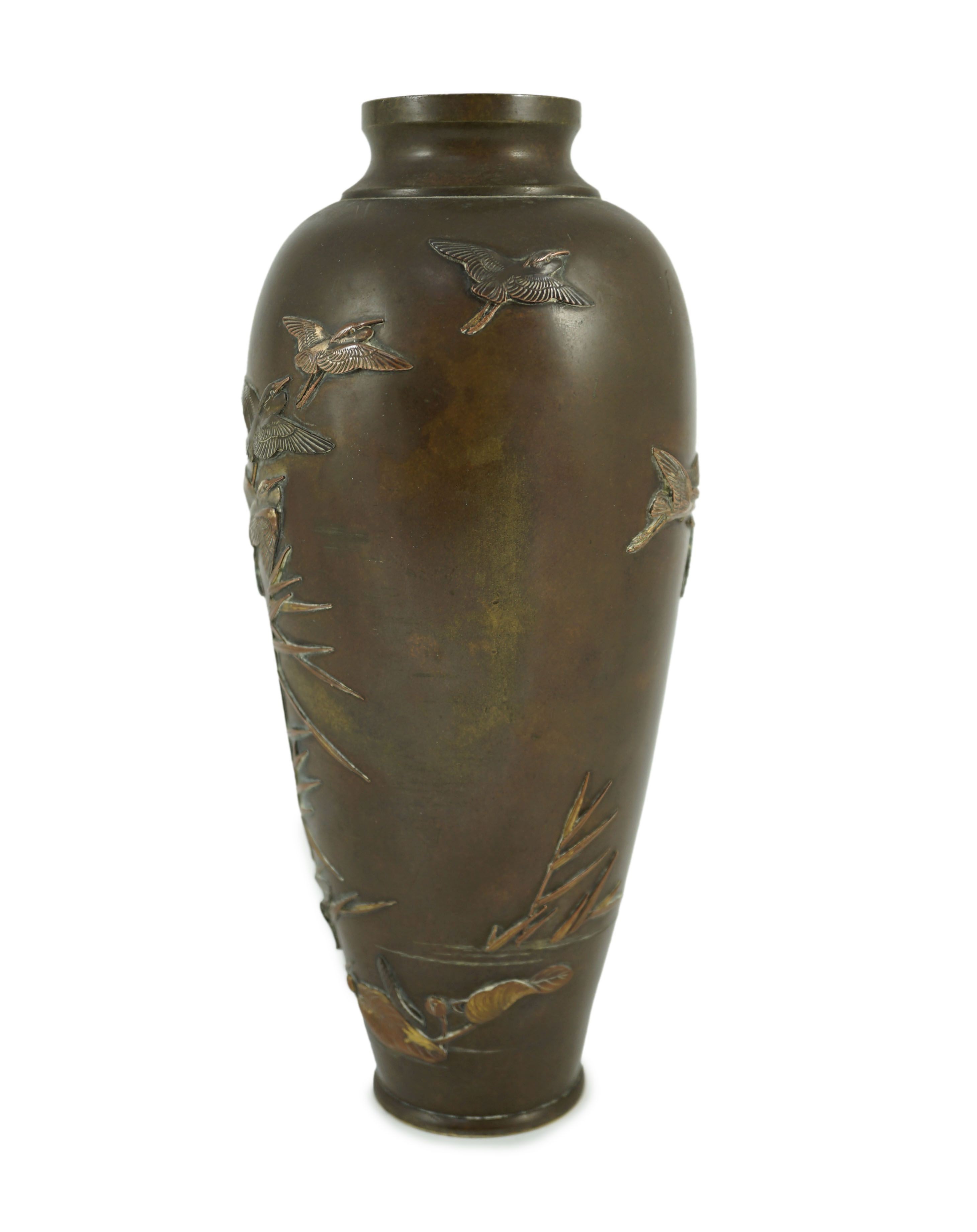 A Japanese bronze and mixed metal vase, by Miyabe Atsuyoshi, Meiji period, 25.7cm high